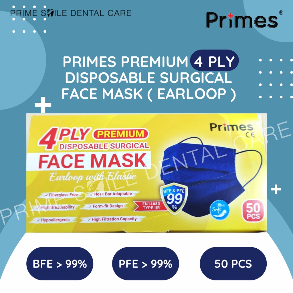 Primes Premium 4 Ply Disposable Surgical Face Mask ( Earloop ) ( 50 Pcs