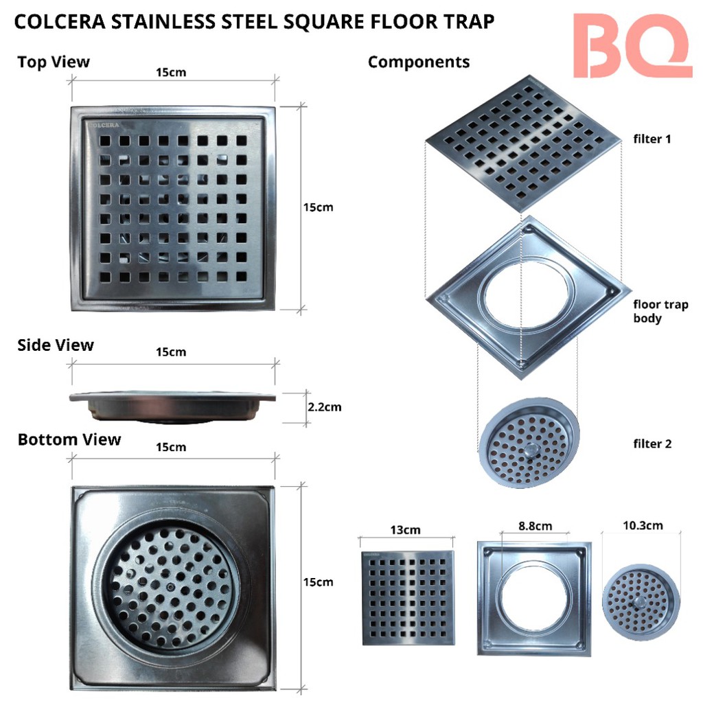 Stainless steel floor trap (shower drain) 15x15cm SUS304 Shopee Malaysia
