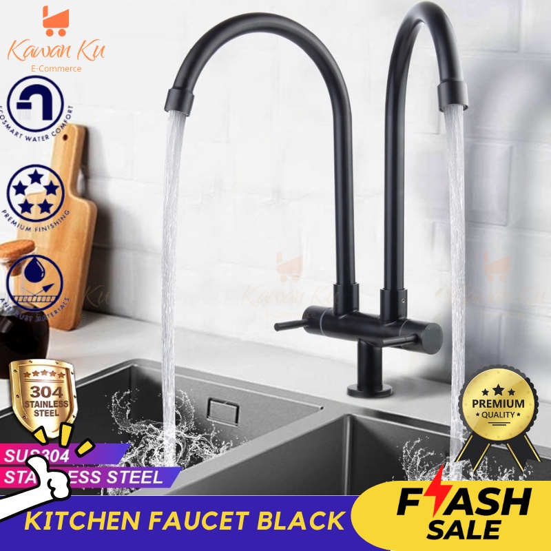 Kitchen Sink Faucet Double Tap Stainless Steel Black 360 Rotating Hose Flexible Sink Tap Double