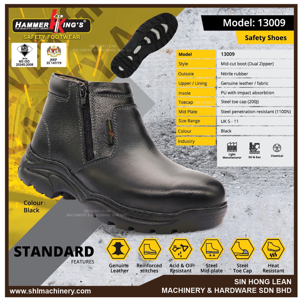 Hammer Kings Standard Safety Shoes 13009 Men Shoes Mid Cut Dual Zipper