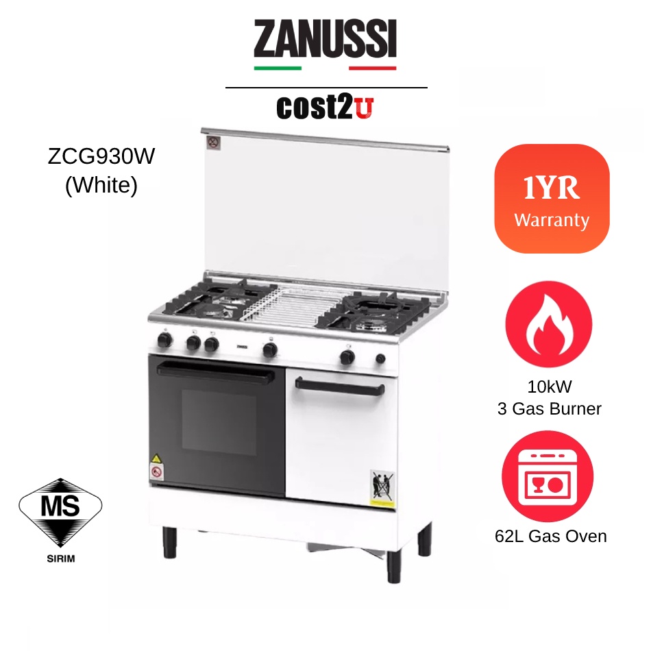 Zanussi Freestanding Cooker 3 Gas Burner & 62L Gas Oven ZCG930W Dapur