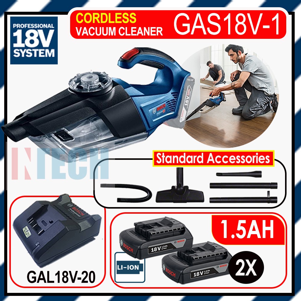 BOSCH GAS18V1 CORDLESS VACUUM CLEANER C/W GAL18V20 + 2NOS 18V 1.5AH