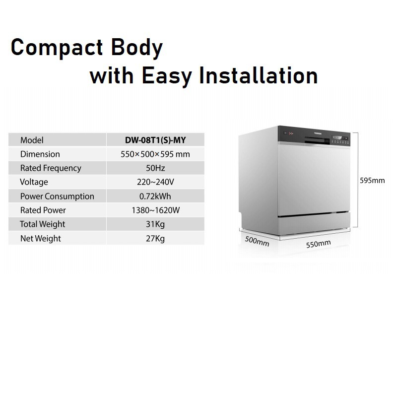 Voltas Beko Place Table Top Dishwasher DT8S, Silver,