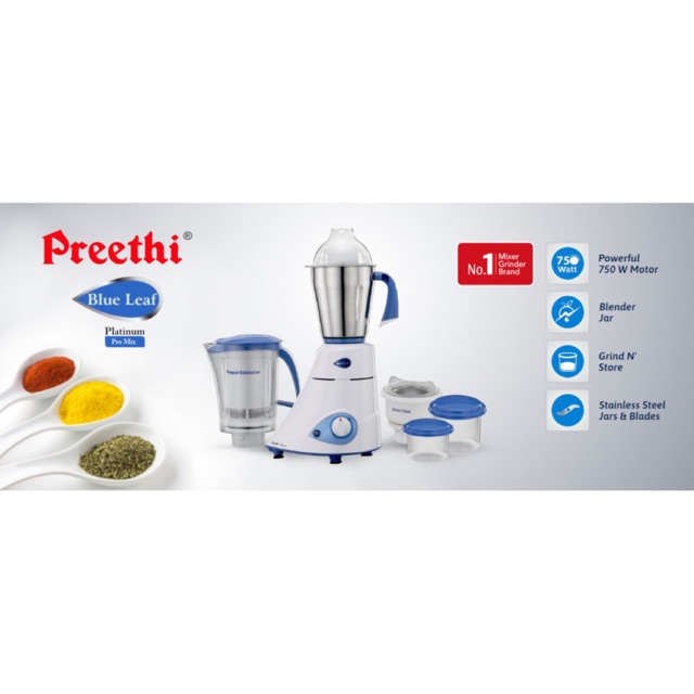 Preethi Blue Leaf Platinum 4 JarMG 139 750Watt Mixer Grinder Shopee