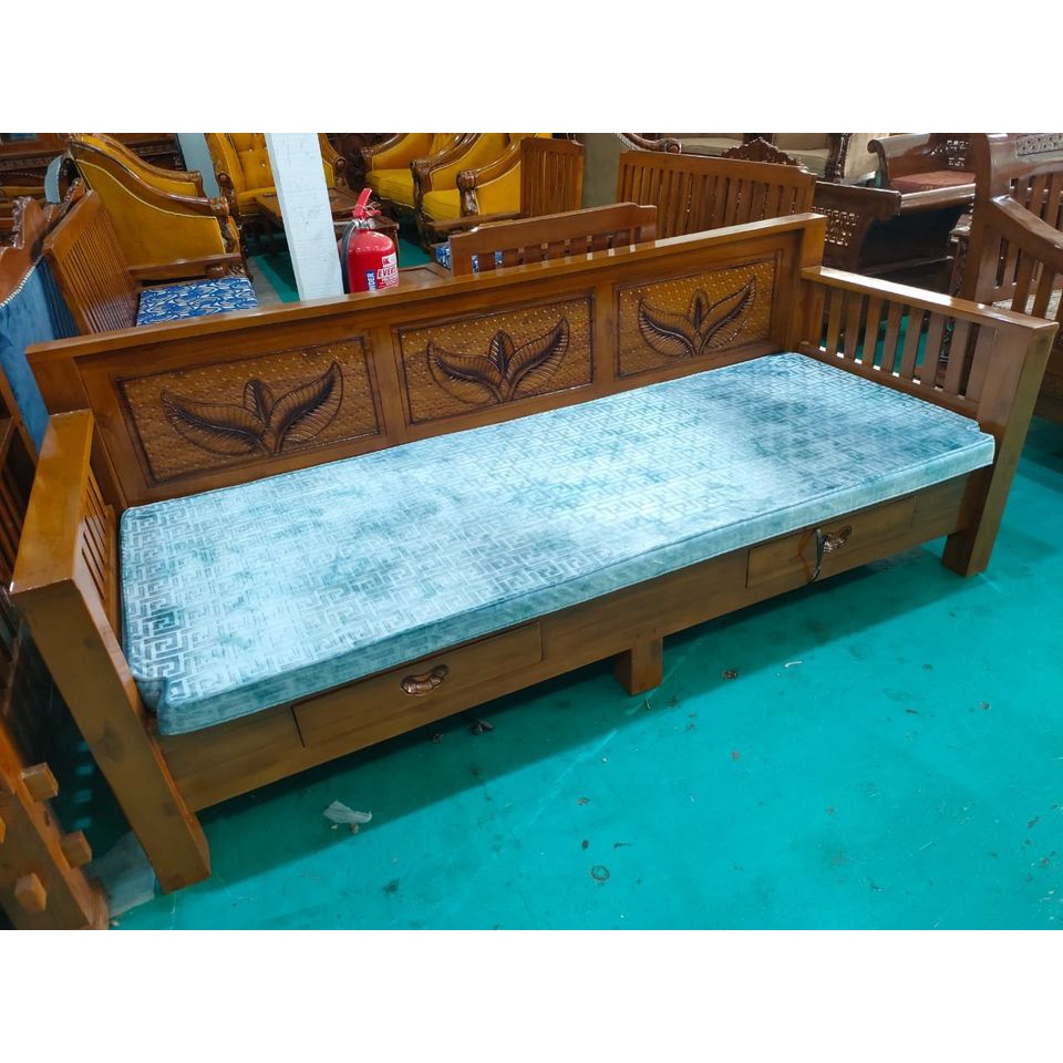 Daybed Kayu Jati Saiz Queen Corak Daun Kusyen Biru Shopee Malaysia