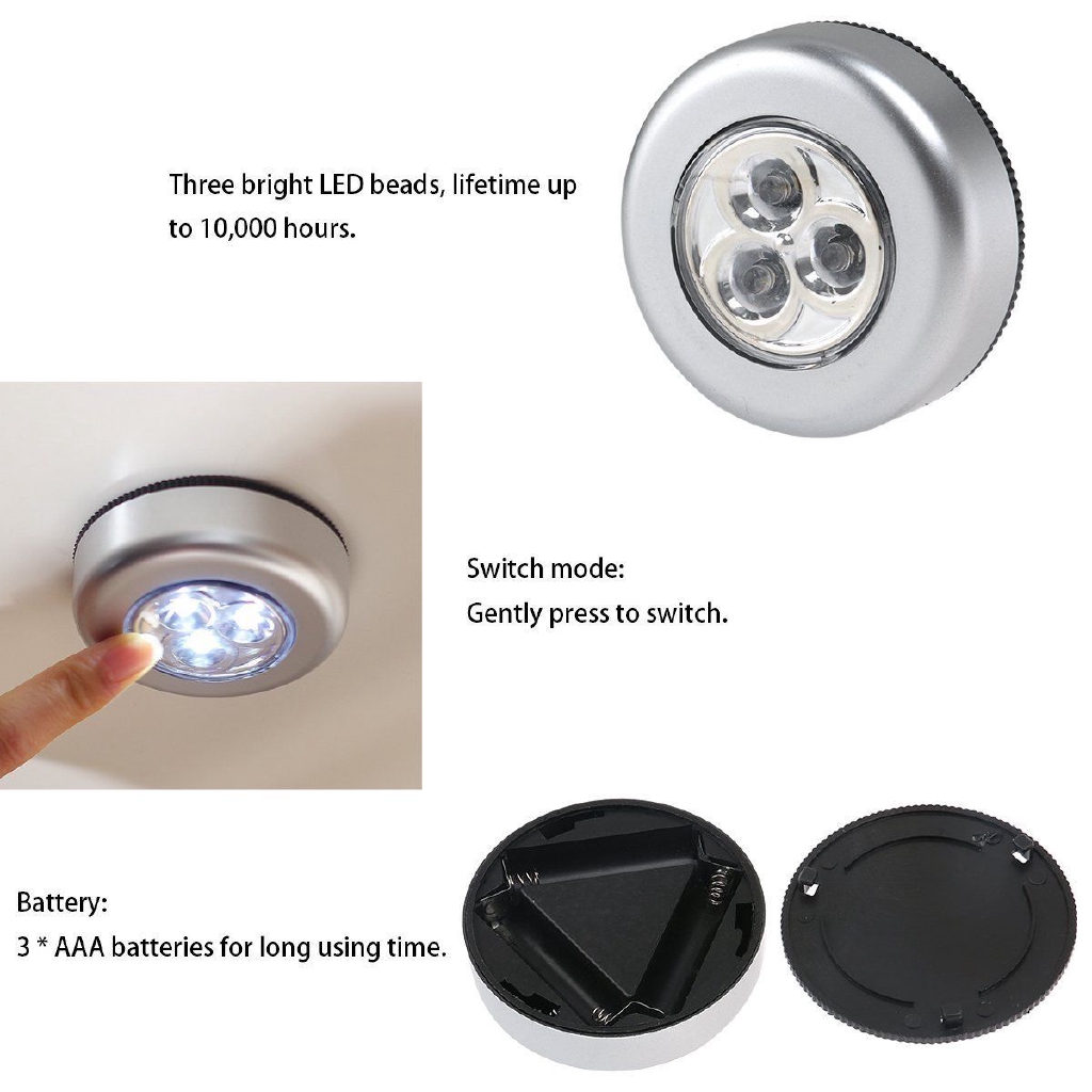 Round 3 LED Battery Powered Wireless Press Switch Night