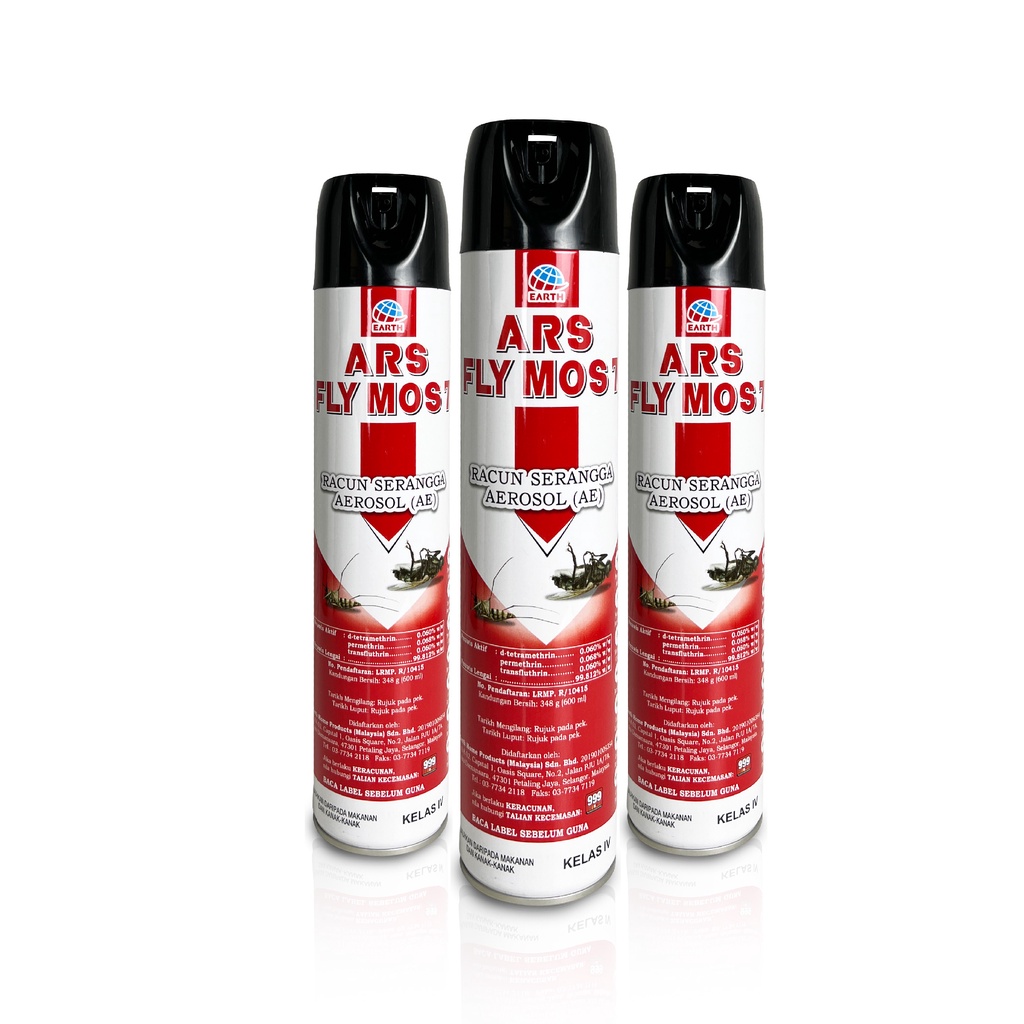 3x ARS Fly Mos 7 [600ml] Flies & Mosquito Lemongrass Spray Aerosol, Guarantee Effective Kill