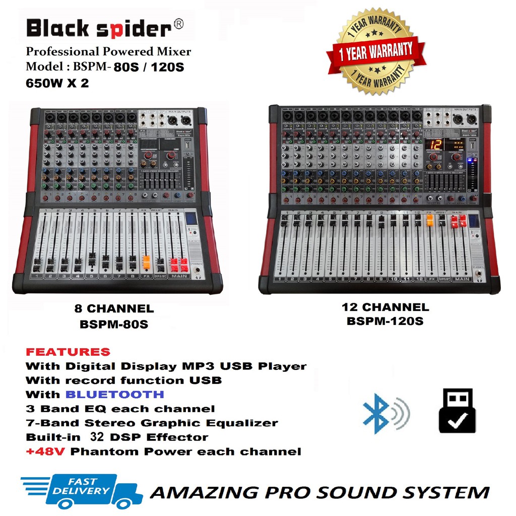 BLACK SPIDER 8 ,12 Channel Power Mixer With USB Player & Bluetooth