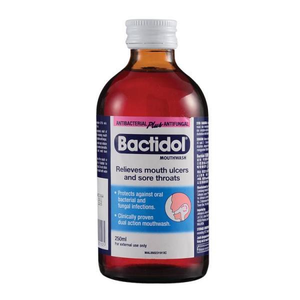 BACTIDOL MOUTHWASH RELIEVES ULCER AND SORE THROATS 250ML*EXP05/2025