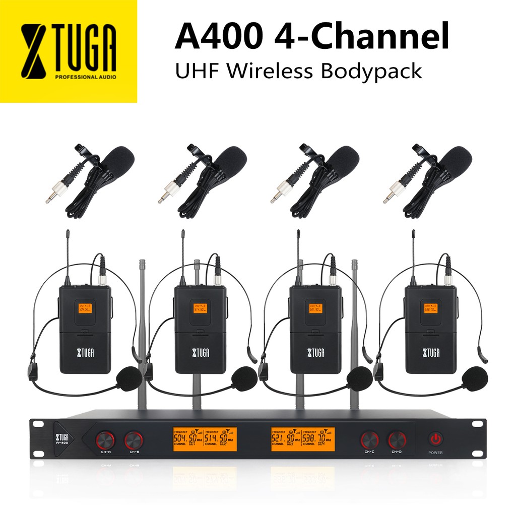XTUGA A400 Professional 4Channel UHF Wireless Headset Microphone