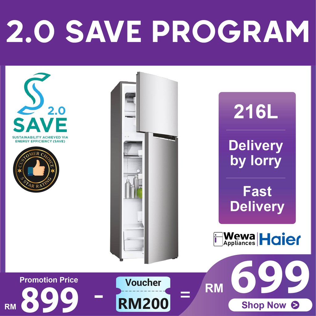 Haier 216L 2 Door Top Mount Refrigerator Fridge Peti Ais Peti Sejuk HRF