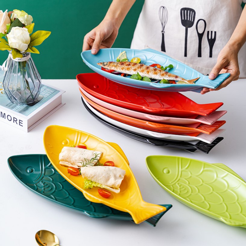 Nordic Style Ceramic Fish Shape Plate Long Size Cookware Dish Main