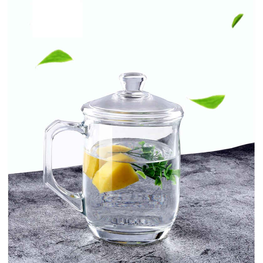 BO.EN Transparent Glass Mug, Tea Cup with Lid/ Gelas Cawan Kaca Besar
