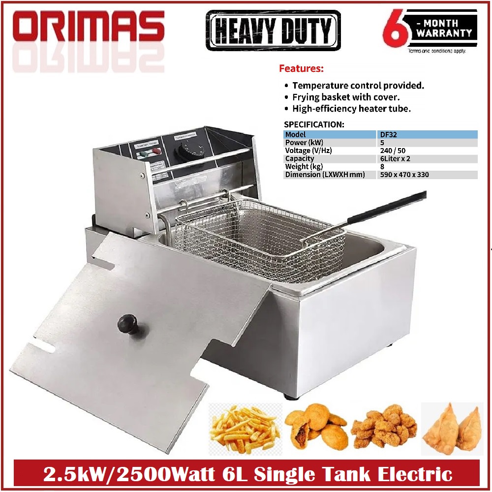 ORIMAS 2.5kW/2500Watt 6L Single Tank Electric Deep Fryer DF81 Heavy