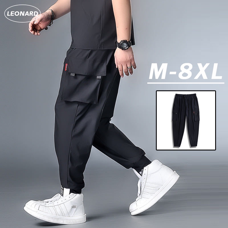 Fat Man Big Size Cargo Pants Men Summer Thin Ice Silk Cool Black Long