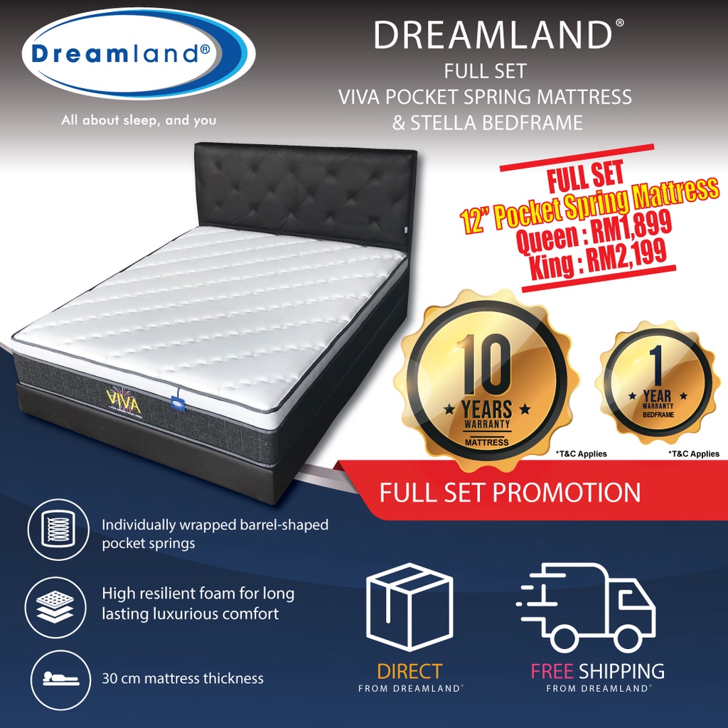 Dreamland Viva Pocket Spring Mattress & Bed Frame Full Set Shopee