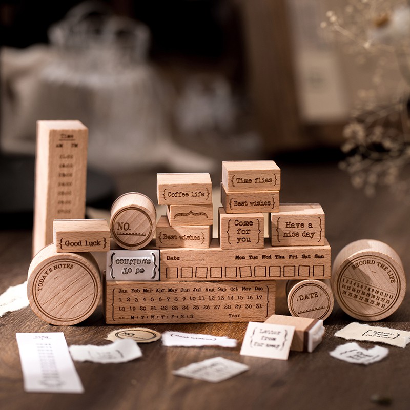 Vintage Date / Time / Text Collection Mini Wooden Stamps for Journal
