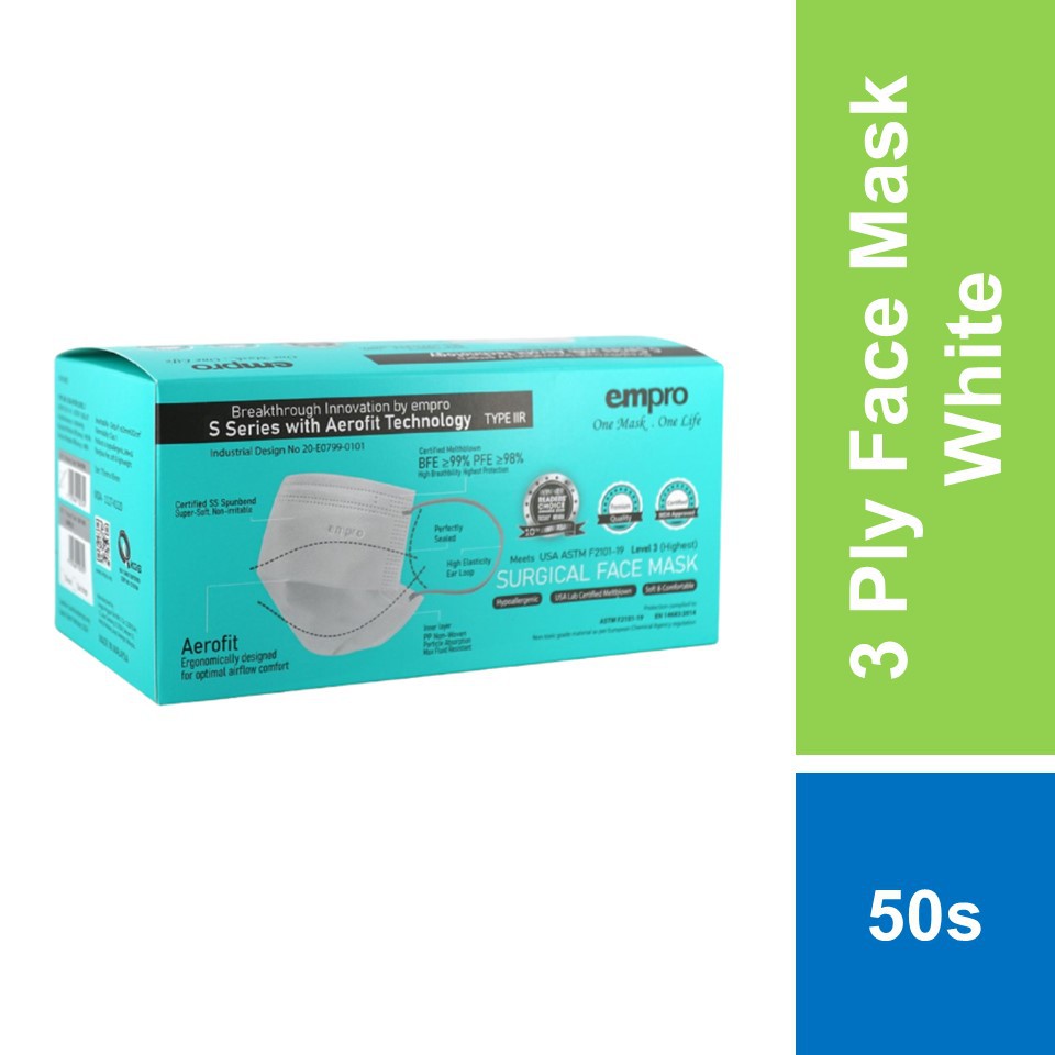 Empro Aerofit 3 Ply Surgical Face Mask With Ear Loop White (50's