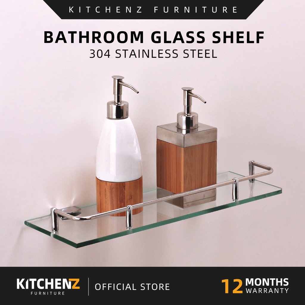 KitchenZ Bathroom Glass Shelf Stainless Steel (40cm) HMZBRGSLY880540