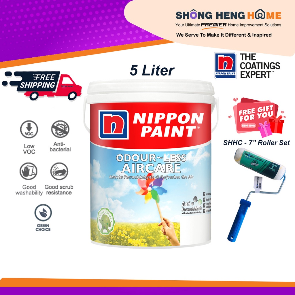 5L Nippon Paint Odourless AirCare COLOR OPTION [ANY COLOR, PM CODE] + FREEGIFT [FREE