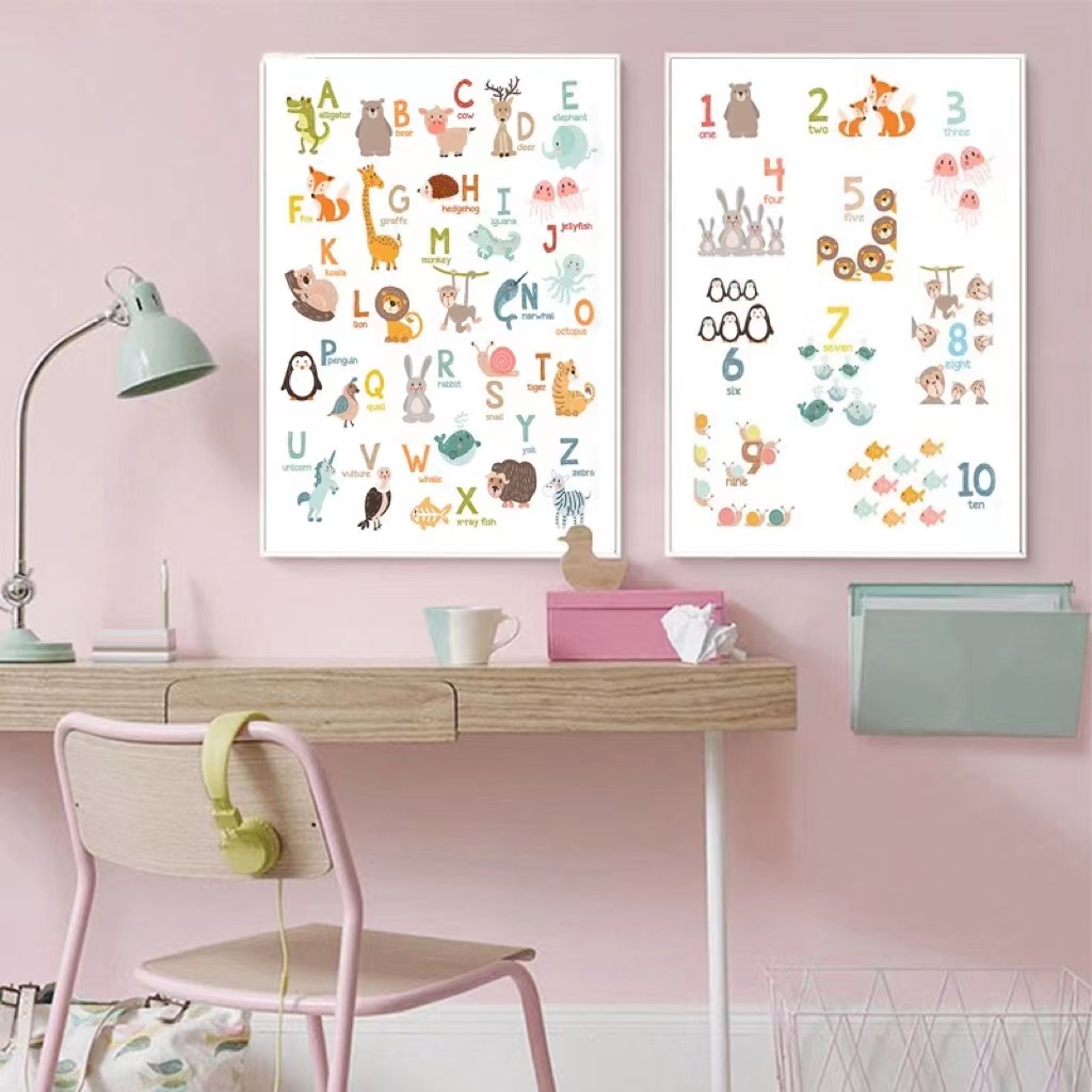 Cute Animal ABC Wall Art Letter Number Painting Poster For Kids