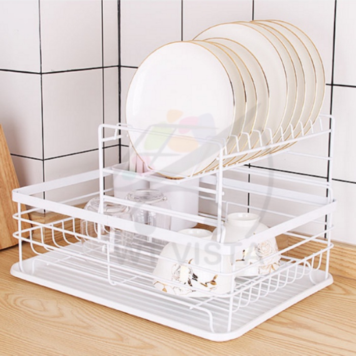 Dish Rack Double Decker Steel Dish Drainer with Drain Tray 2 Tiers