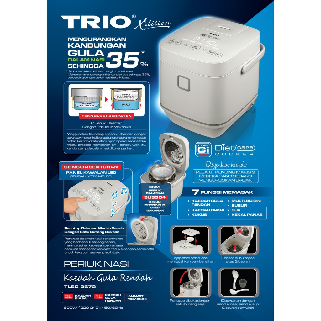 TRIO LOW SUGAR RICE COOKER TLSC3672 [WHITE] Shopee Malaysia