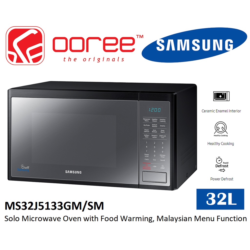 SAMSUNG MS32J5133GM/SM 32L SOLO MICROWAVE OVEN WITH FOOD WARMING, CERAMIC ENAMEL CAVITY, POWER