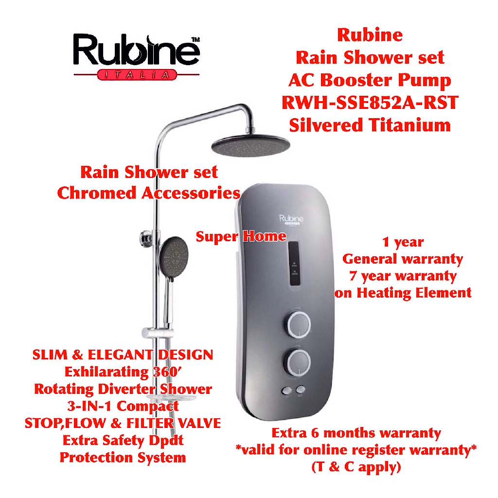 Rubine Rain Shower Water Heater with AC Booster Pump RWHSSE852ARST