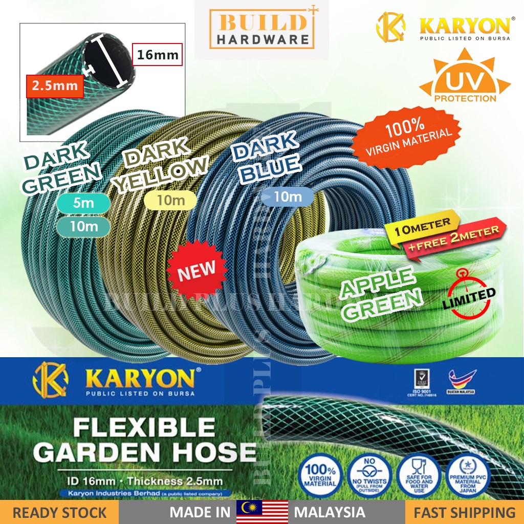 KARYON 5m/10m x 2.5mm Reinforced PVC Flexible Garden Hose Green Getah Paip/ Paip Air/ Outdoor