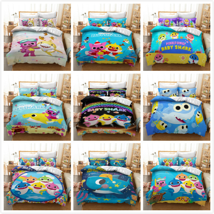 Baby Shark Bedding Set Kids Toddler Cartoon Quilt Cover Soft Pillow