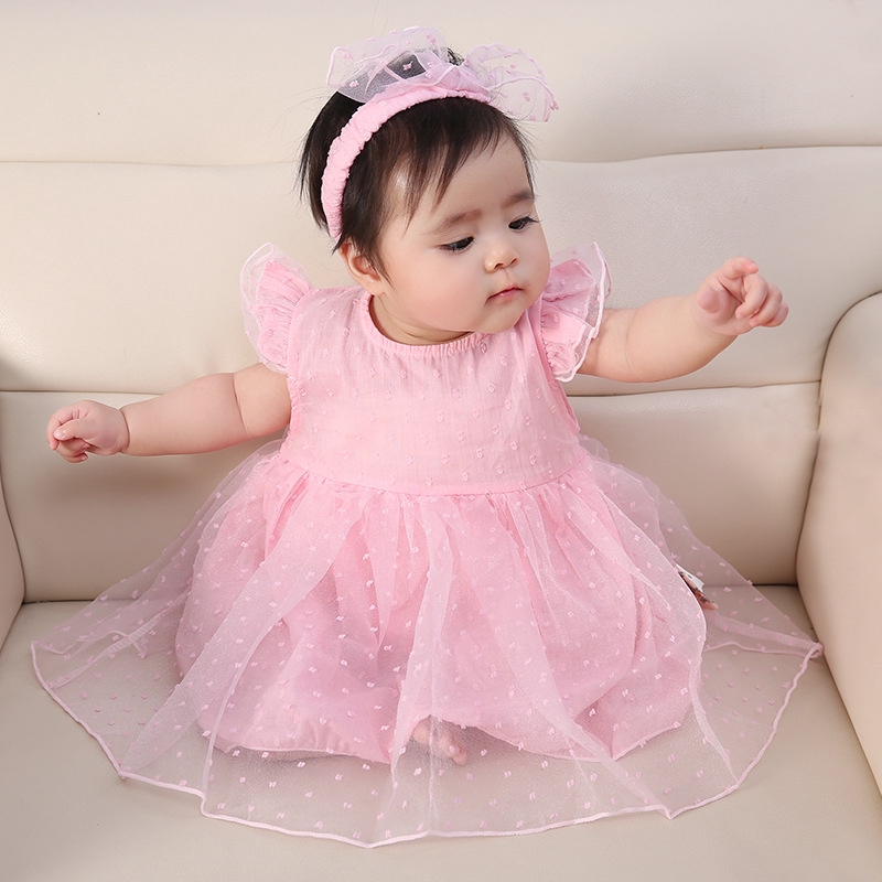 2pc set new born baby girl dresses +headband summer pink princess