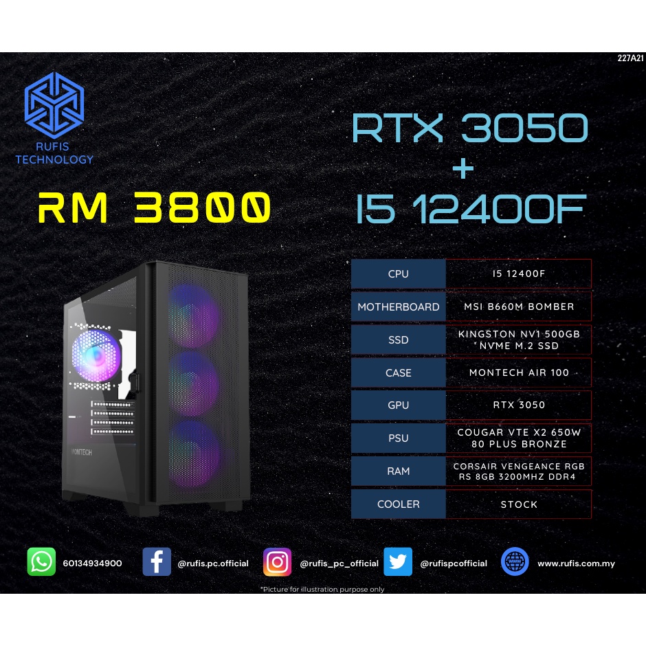 RUFIS Custom Gaming PC Package (INTEL I512400F / RTX 3050 / 8 GB RAM / 500 GB SSD) Shopee