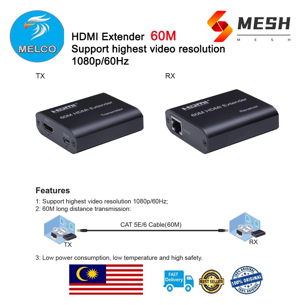 HDMI Extender 60M Mesh Single Cat5e/6 Cable Support highest video
