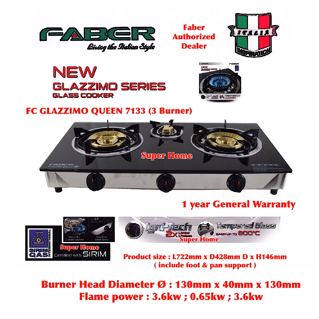 Faber Gas Cooker FC GLAZZIMO QUEEN 7133 Slim Body Design Tempered Glass