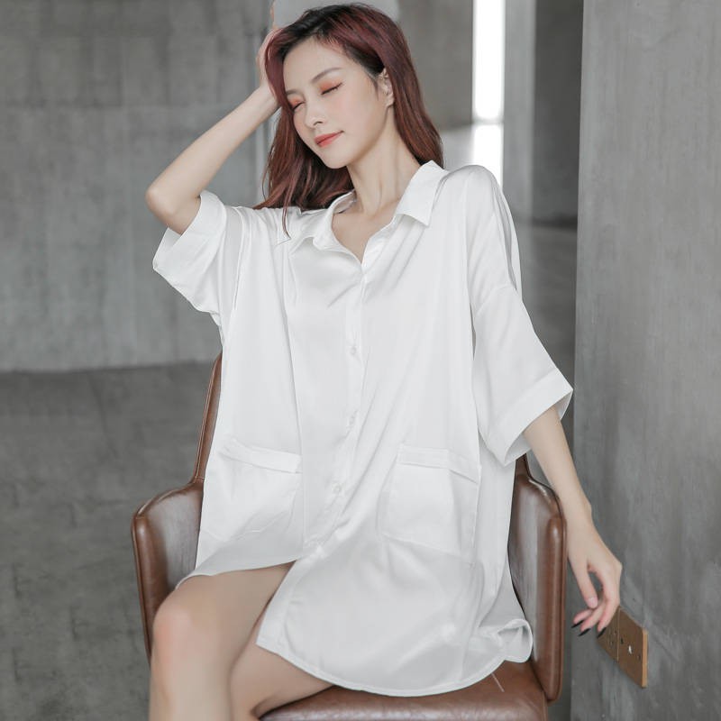 Baju Tidur Kemeja . Hot Sale Baju Tidur Musim Panas Wanita Sutera Ais Seksi Renda Panjang Kemeja Putih Nipis Longgar Ukuran Besar Baju Tidur Sutera Musim Bunga Dan Musim Luruh Shopee Malaysia