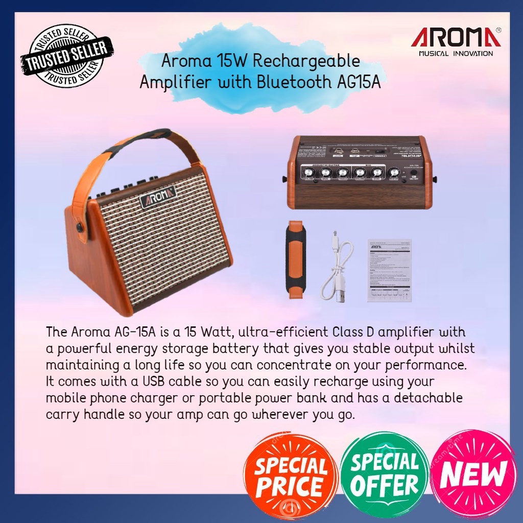 Aroma 15W Portable Rechargeable Acoustic Guitar Amplifier with