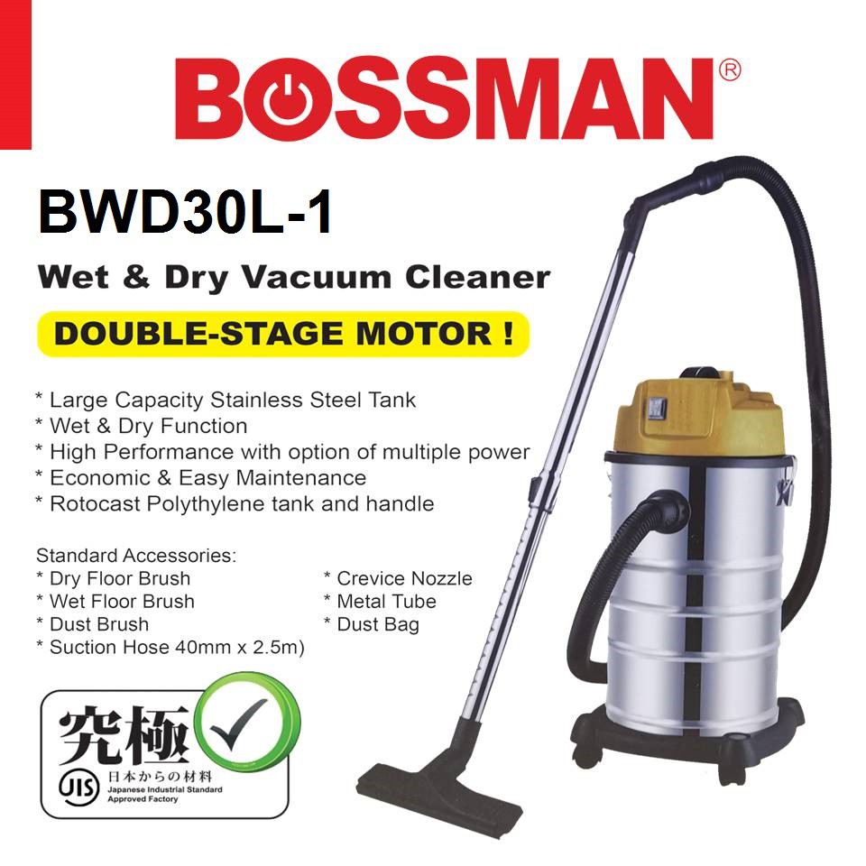 BOSSMAN BWD30L1 30L Stainless Steel Industrial Wet & Dry Heavy Duty Vacuum Cleaner 1600w BWD