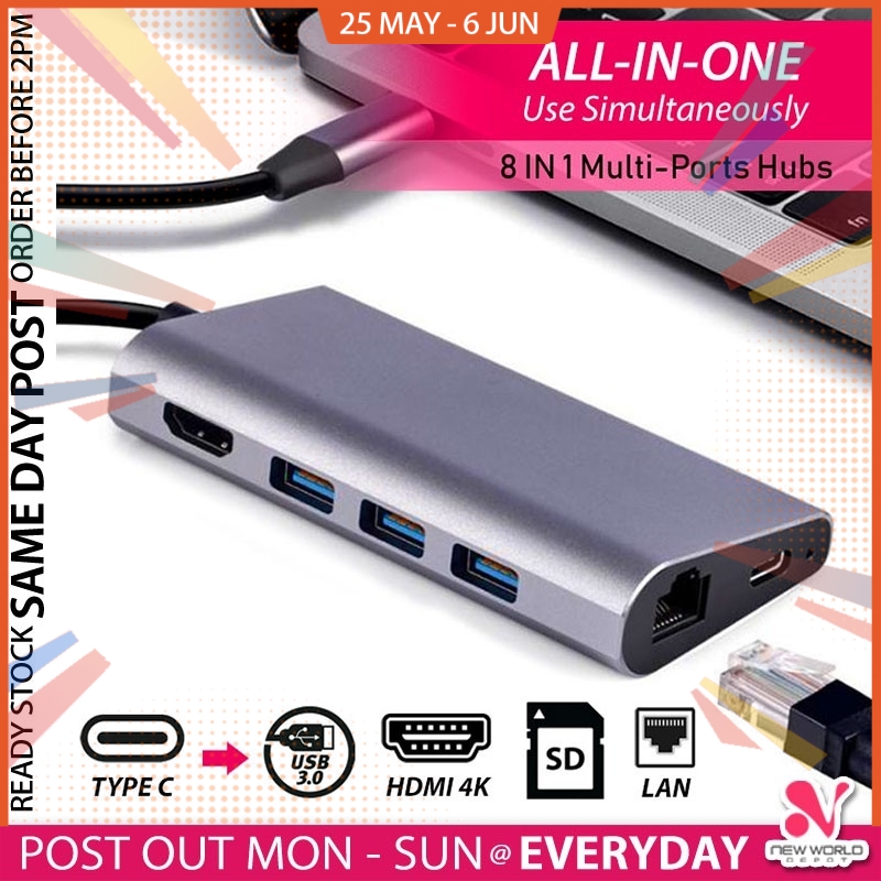 8in1 Multifunction Type C Hub To USB 3 HDMI 4K LAN RJ45