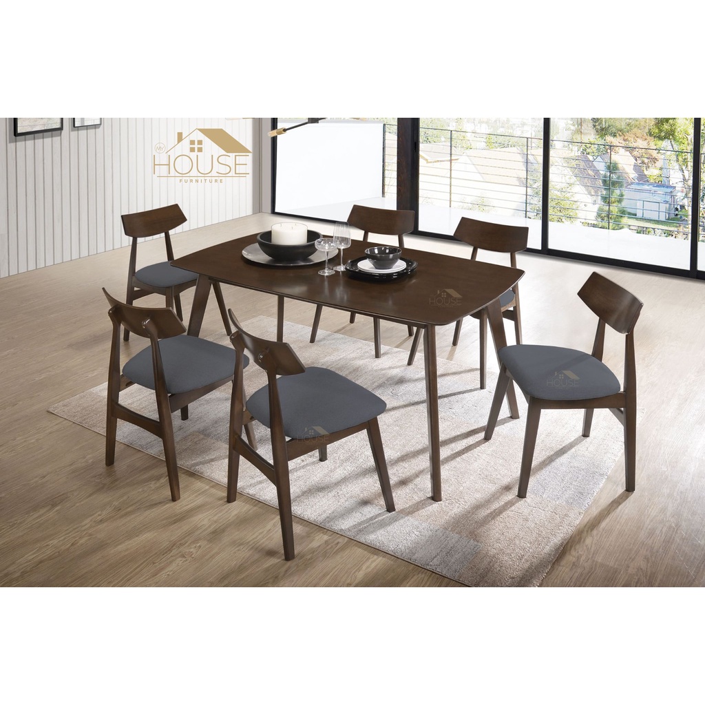 MYHOUSE Furniture Meja Makan 6 Kerusi Murah Set Solid Rubberwood Dining
