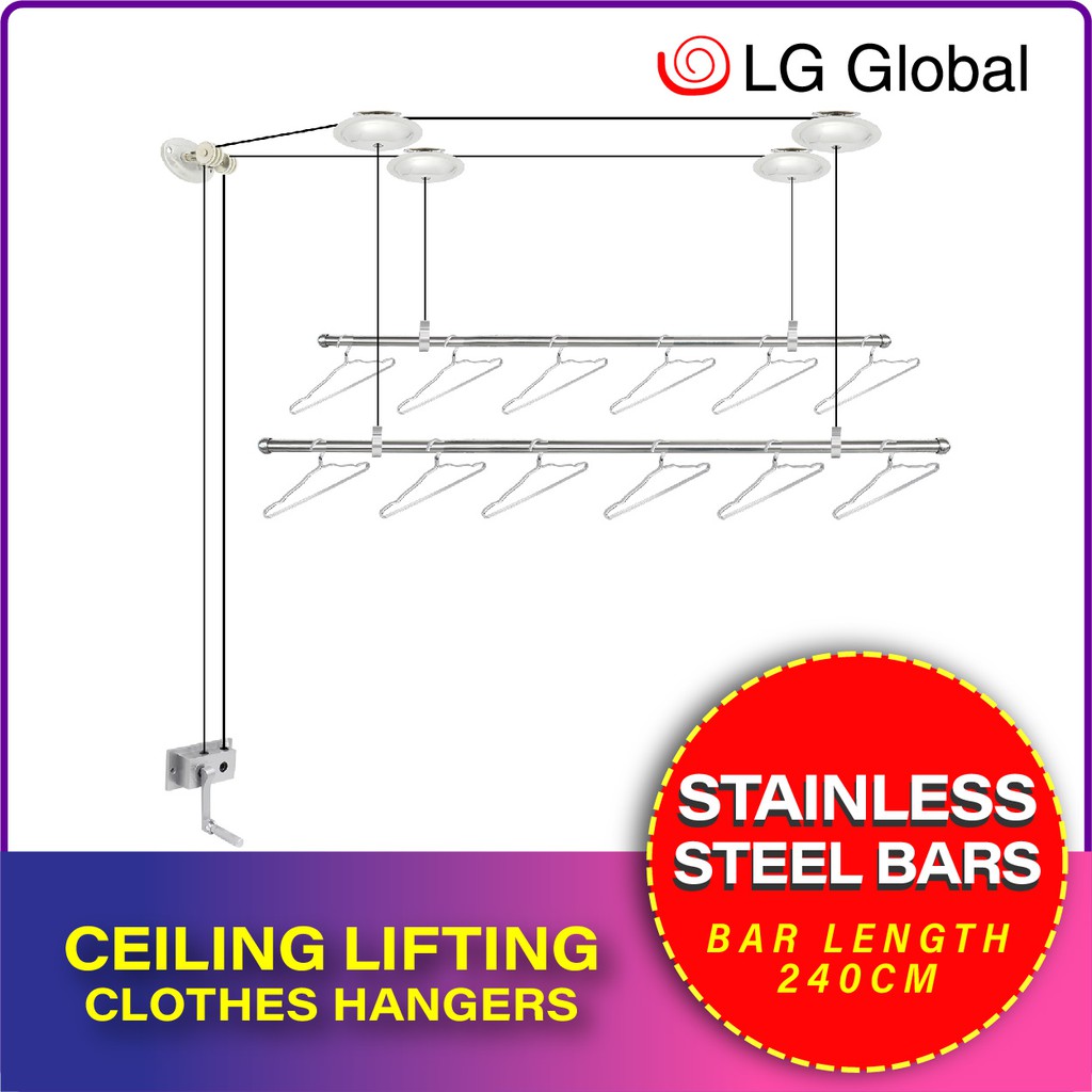 LG888SS 240cm Ceiling Clothes Drying Rack 2 Bars Drying Rack Hanger