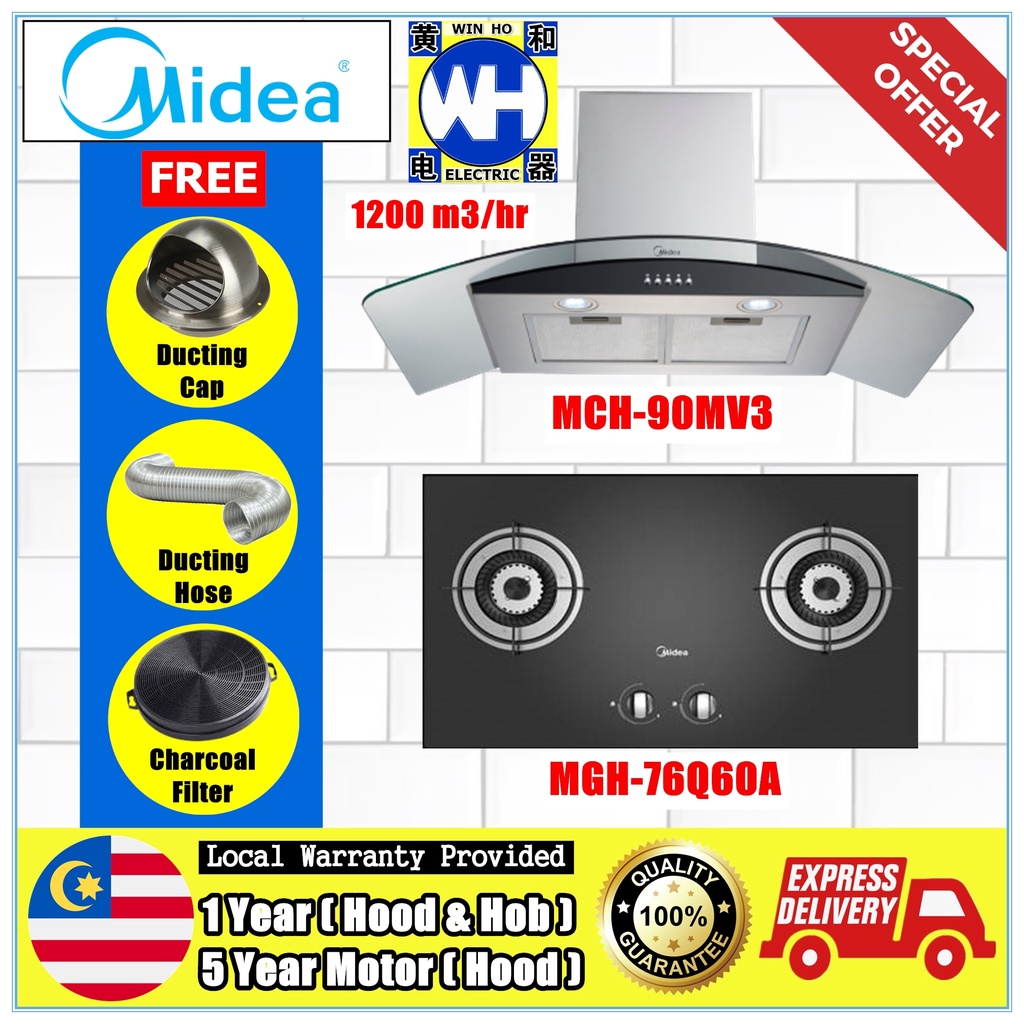 SET 04) MIDEA MCH90MV3 Cooker Hood with Charcoal Filter and