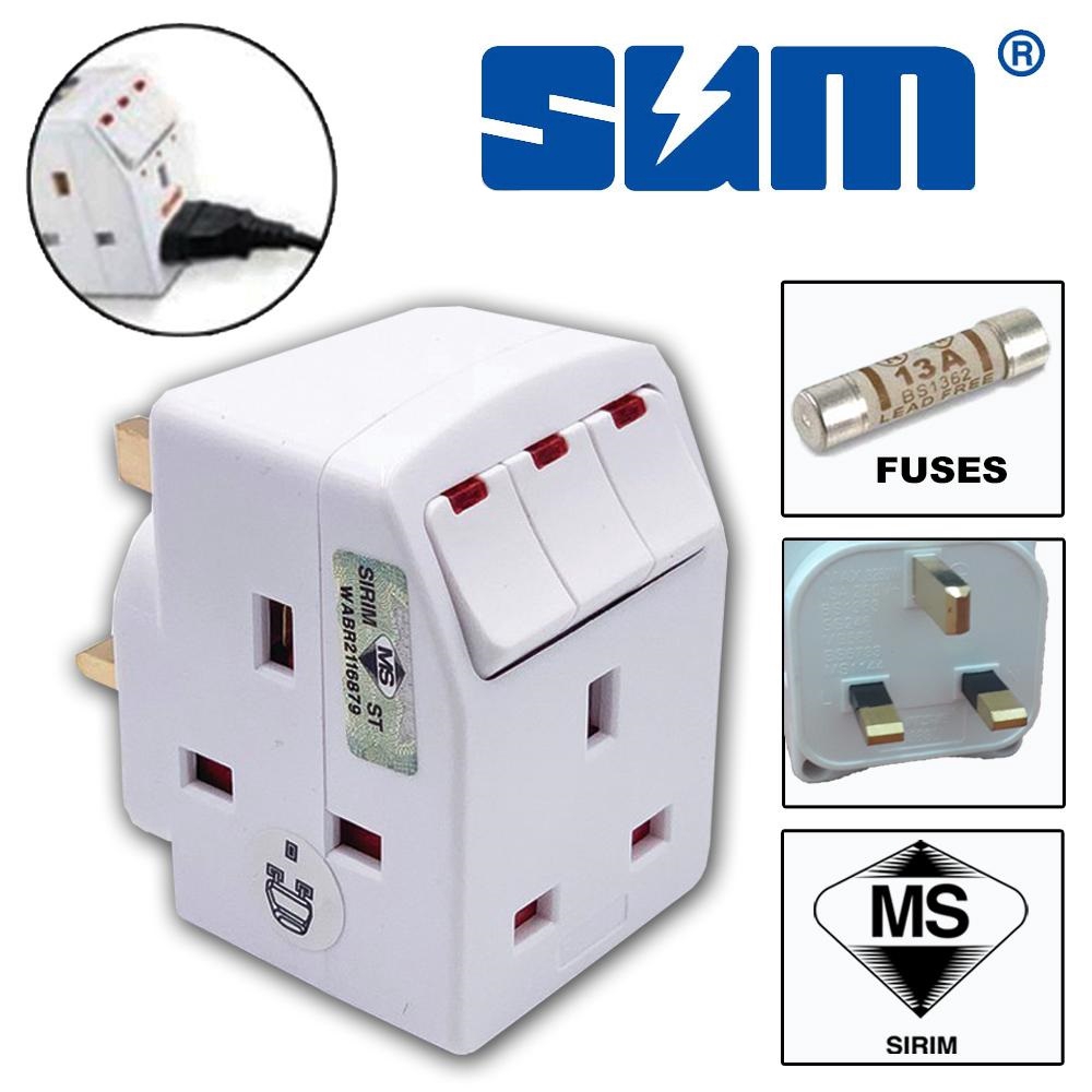 SUM S133N 3 Way 3 Pin Adapter with Neon Switch & Surge Protector
