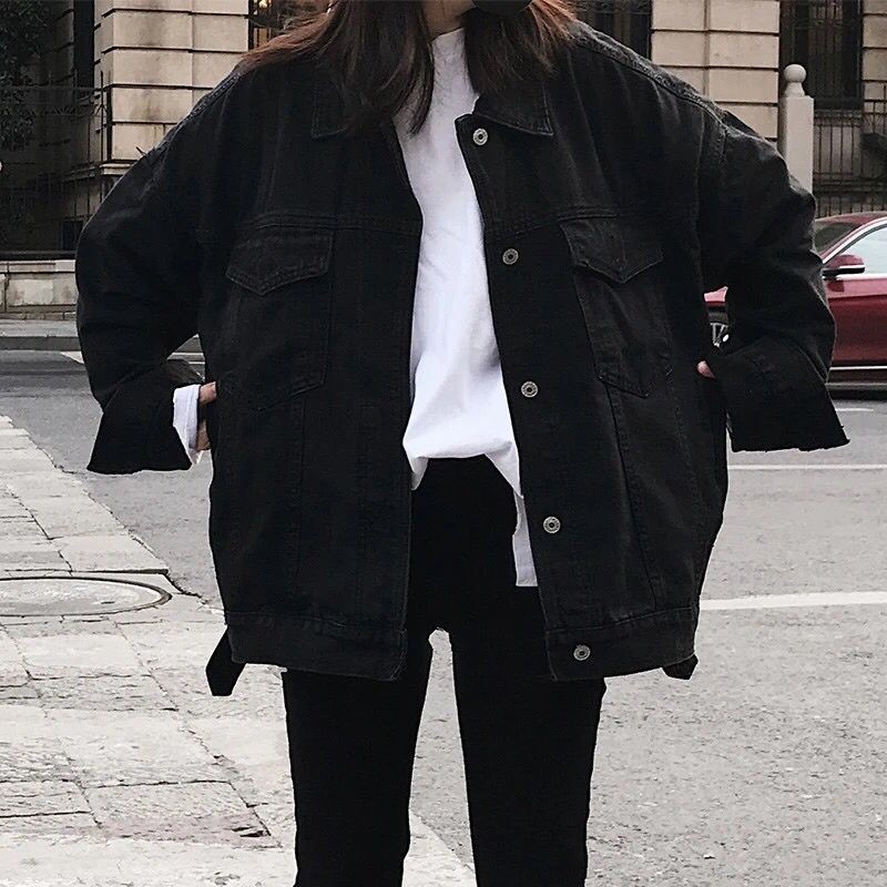 Women's Denim Jacket Loose Coat Korean Version of Retro Casual Black