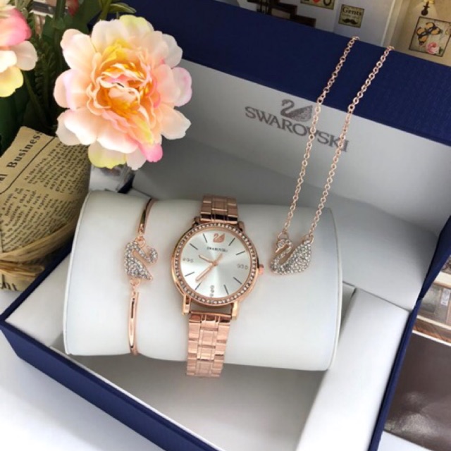 Swarovski Swan Crystalline Watch + Bracelet+ Necklace 3in1