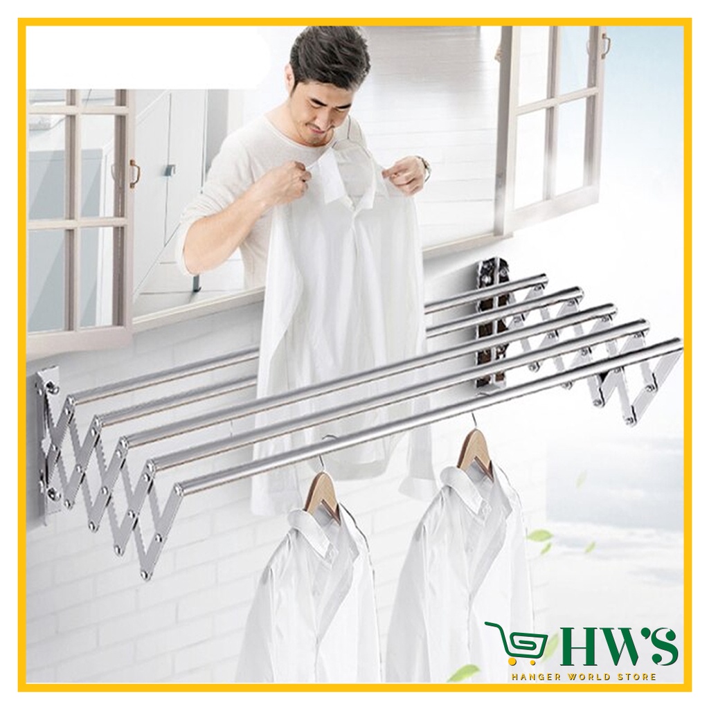 HWS STAINLESS STEEL WALL MOUNTED RETRACTABLE CLOTHES HANGER DRYING RACK