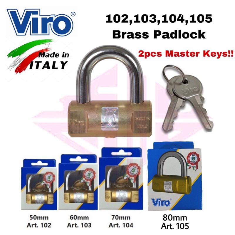 VIRO 102 50mm 103 60mm 104 70mm 105 80mm Brass Padlock Made in Italy