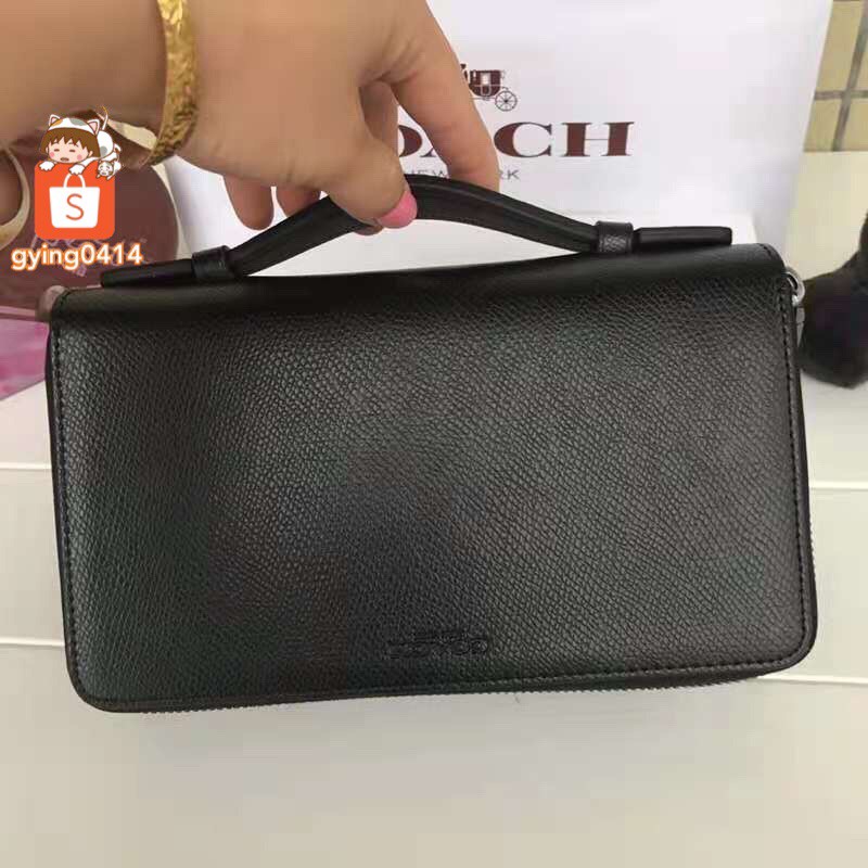 Coach Black Double Zip Organizer Clutch Crossgrain Leather Men Women
