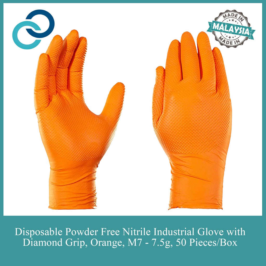 Disposable Powder Free Nitrile Orange Industrial Gloves With Diamond