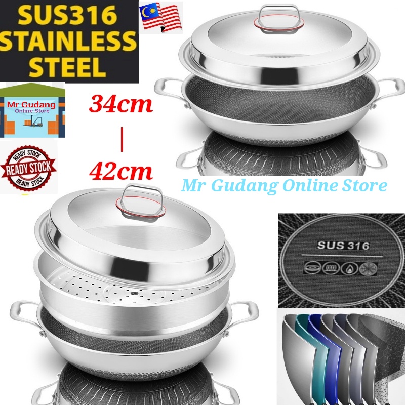 SUS316 Stainless Steel Pan NonStick Wok With Lid (34/36/38